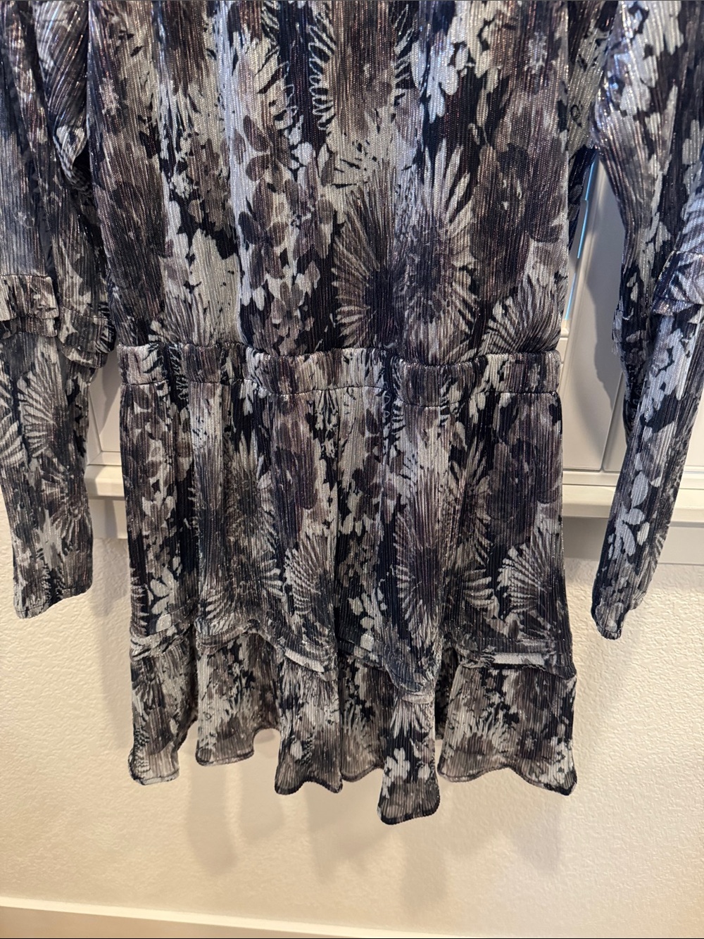 Ramy Brook Black & White Floral Long-Sleeve Tiered Mini Dress - Picture 7 of 10